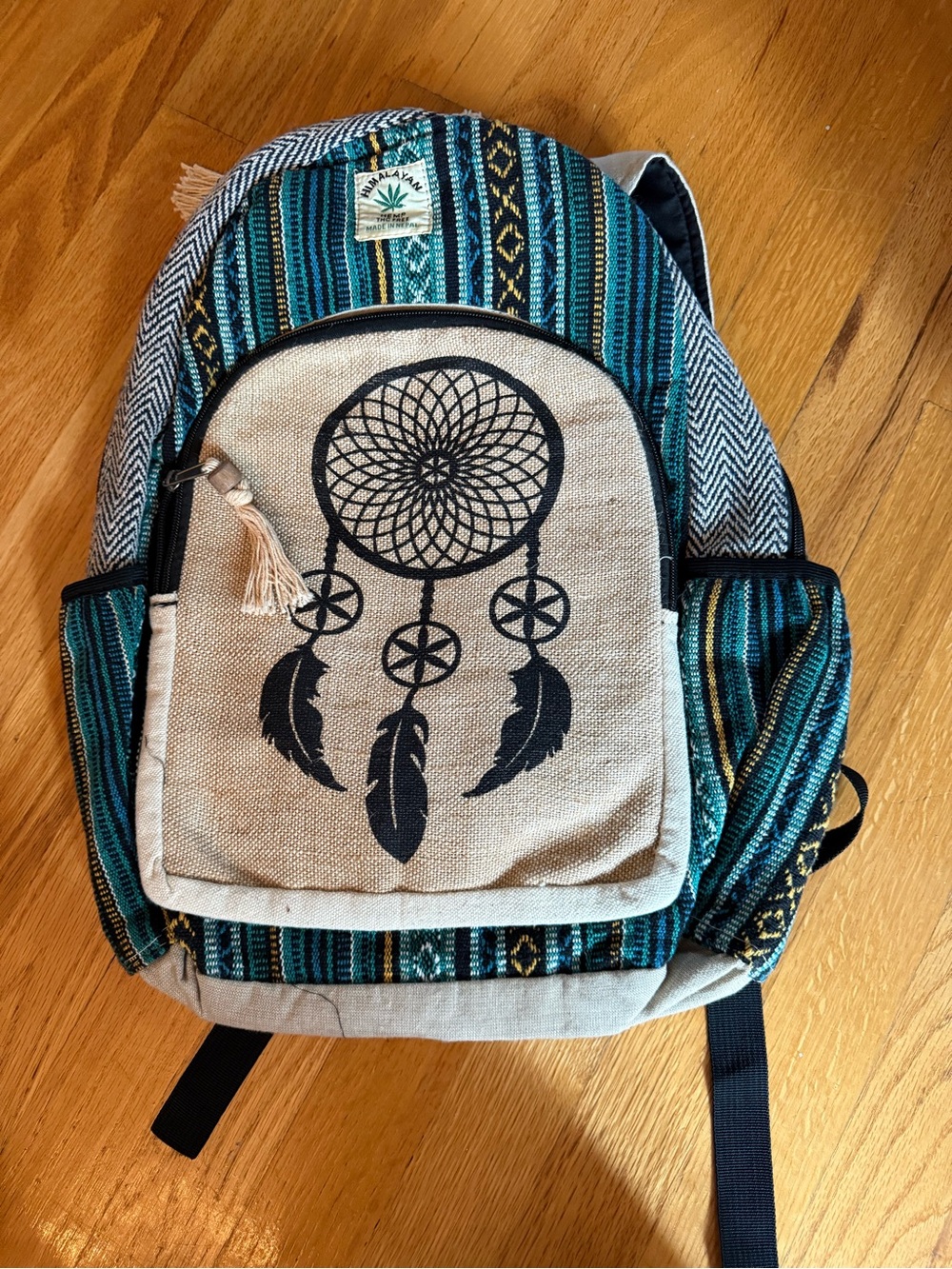 Bohemian Teal & Natural Dreamcatcher Canvas Backpack
